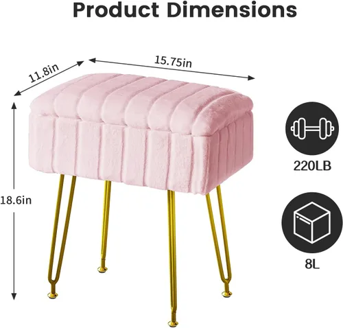 Miniatura 3 de FUXA Taburete de tocador con almacenamiento, silla de maquillaje de piel sintética con 4 patas de metal y pies antideslizantes, asiento acolchado