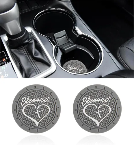 Miniatura 16 de Dickno 2 piezas posavasos para portavasos de automóvil, 2.76 pulgadas cruz bendita y corazón tapete de bebida cristiano, PVC suave antideslizante a