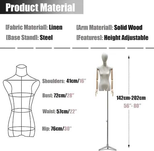 Miniatura 6 de Adjustable Female Mannequin Dress Form - 56”-80” Height, Pinnable Sewing Torso with Detachable Head & Wooden Hands for Fashion Display, Tailoring &