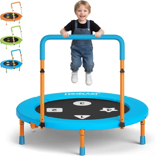 3FT Toddler Trampoline with Adjustable Handlebar, 36" Foldable & Spring-Free, Mini Kids Indoor Outdoor Trampoline for Ages 1-6, Noiseless Jumping