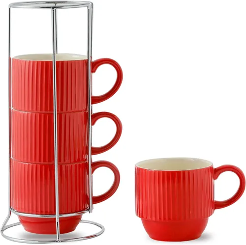 Miniatura 15 de Hasense Juego de tazas de café, juego de 4 tazas de té apilables con soporte - Juego de tazas grandes de cerámica acanaladas de 15 onzas para latte