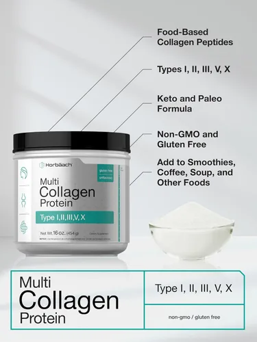 Miniatura 4 de Horbäach Proteína en polvo multicolágeno de 16 onzas Tipo I, II, III, V, X Sin sabor para hombres y mujeres Suplemento sin OMG, sin gluten
