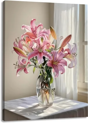 Miniatura 18 de Cuadro de flores para sala de estar, arte de pared floral azul y blanco sobre lienzo con detalles dorados para decoración de dormitorio gris, 32 x