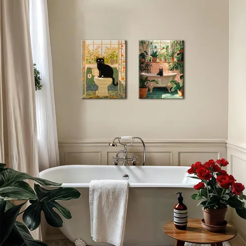 Miniatura 7 de Divertido Juego de Arte de Pared de Gato Negro para Baño de 2 Piezas, Pinturas Decorativas de Pared de Gato Negro Ecléctico en Baño, Póster