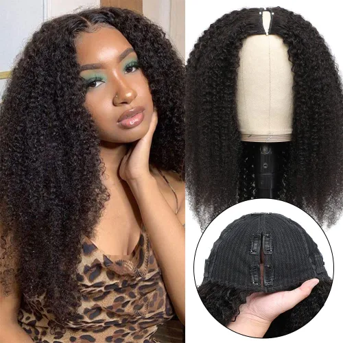 Miniatura 6 de Peluca de cabello humano rizado rizado con parte en V para mujeres negras, en forma de V, sin dejar fuera, sin pegamento, 14 pulgadas