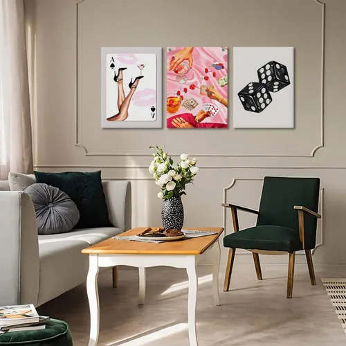 Miniatura 6 de Juego de 3 arte de pared de dados de póker enmarcados en blanco y negro, impresiones en lienzo estéticas retro Y2K, fotos de póster rosa de moda
