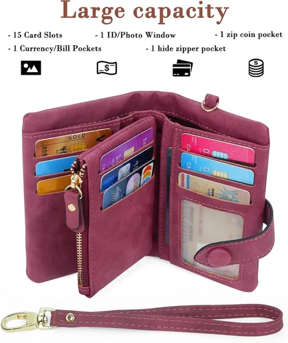 Miniatura 2 de CONISY Billeteras pequeñas de pulsera para mujer, billetera de cuero plegable RFID con ventana de identificación y cremallera