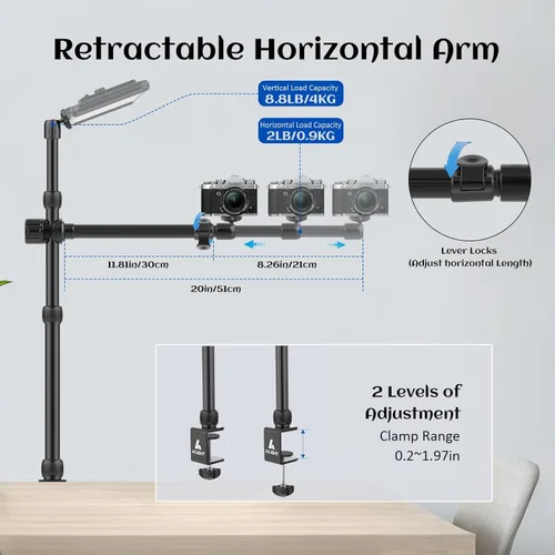 Miniatura 4 de Ailight Soporte de Montaje de Cámara Aérea para Escritorio, Soporte de Cámara Web de 15.75"-33.45" con Brazo Telescópico Ajustable de 2 Secciones
