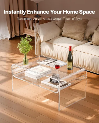 Miniatura 4 de VEVOR Mesa de centro acrílica, moderna mesa central de cascada con estante de almacenamiento abierto, escritorio rectangular transparente Lucite