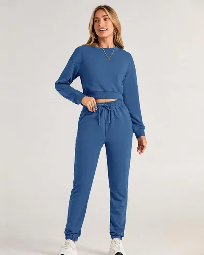 Miniatura 16 de BTFBM Conjunto deportivo de 2 piezas para mujer, camiseta corta de manga larga, sin botones, pantalón con cordón ajustable, pantalones deportivos