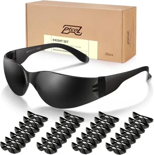 Paquete de 28 lentes de seguridad (paquete a granel de 24 + 4) unisex, de color negro, antiarañazos, resistentes a los impactos, con certificación