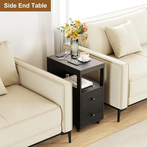 Miniatura 8 de Mesa auxiliar estrecha con estación de carga y ruedas, mesa auxiliar de sofá estrecha móvil con puertos USB y salidas para espacio pequeño, sala