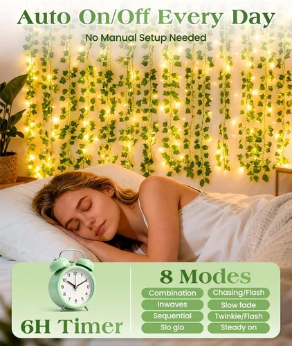 Miniatura 2 de KASZOO Paquete de 12 guirnaldas de hiedra artificial de 84 pies, plantas falsas, guirnalda colgante de vid con certificación CE, 80 luces de cadena