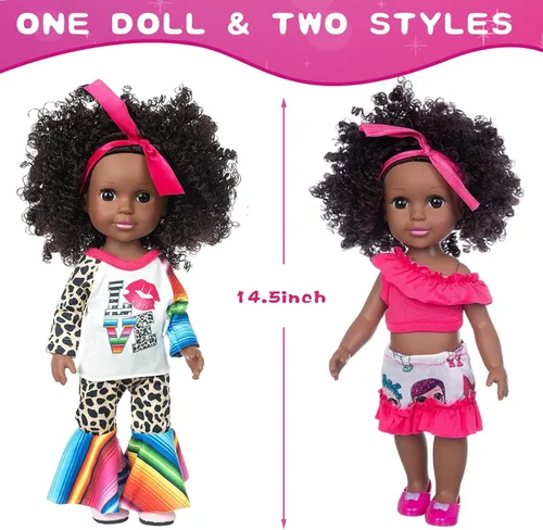 Miniatura 3 de XFEYUE Muñeca negra de 14.5 pulgadas y 2 juegos de accesorios de ropa, muñeca afroamericana para bebé, incluye gafas, cámara, bolsa y zapatos