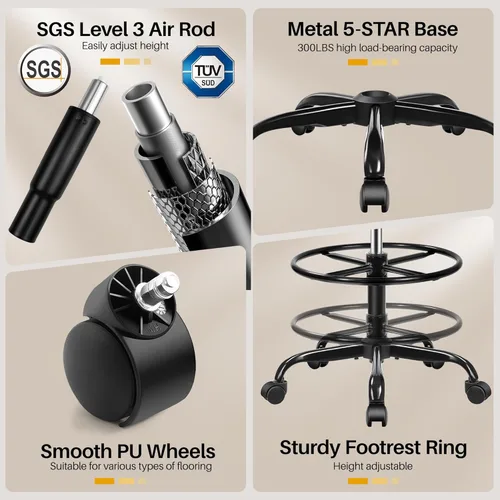 Miniatura 8 de Silla de dibujo, silla de oficina alta para escritorio de pie, respaldo alto ergonómico con reposacabezas, soporte lumbar, anillo para el pie y Negro