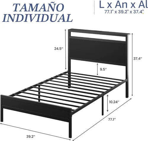 Miniatura 2 de Fluest Base de cama individual con cabecero y estribo, marco de cama individual con estación de carga y luz LED, almacenamiento debajo de la cama