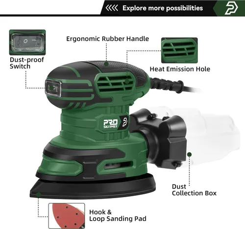 Miniatura 3 de Prostormer Detail Sander, 13000RPM Mouse Sander, 1.6A Electric Palm Sanders with 15Pcs Sandpapers, Dust Collection Box for Tight Spaces Sanding