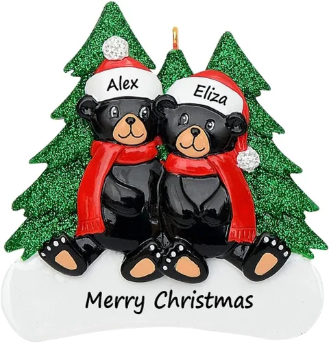 MAXORA Adorno de Navidad personalizado para parejas 2026 – Adorno personalizado de familia de 2 de oso negro con nombres, decoración de árbol de
