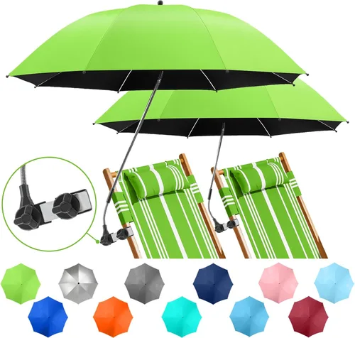 Paquete de 2 paraguas de playa con abrazadera, paraguas ajustable de 360° para silla, paraguas UPF50+ para silla de playa, silla de patio, silla de