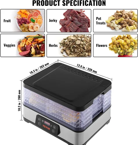 Miniatura 8 de VEVOR Máquina deshidratadora de alimentos, deshidratador de frutas de 5 bandejas, secadora eléctrica de alimentos de 300 W con temporizador