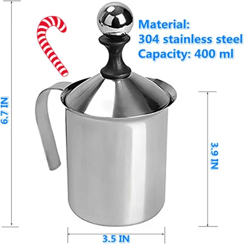 Miniatura 2 de Espumador manual de doble capa de acero inoxidable 304 para café con leche, etc. (14 oz)