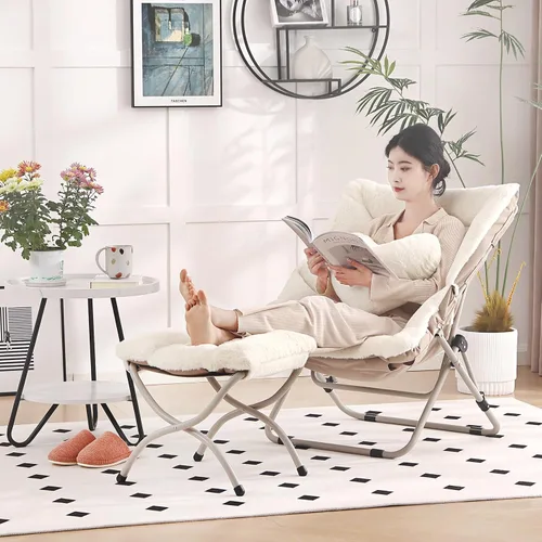 Miniatura 3 de Silla Platillo con Otomán, Cómoda Silla Plegable de Gran Tamaño, Silla de Lectura de Piel Sintética para Adultos, Silla Perezosa Plegable de Acento