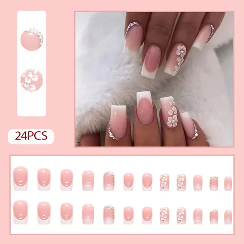 Miniatura 2 de 24 uñas postizas a presión de punta francesa, uñas acrílicas medianas falsas/falsas con diamantes de imitación de flores, diseños de punta francesa