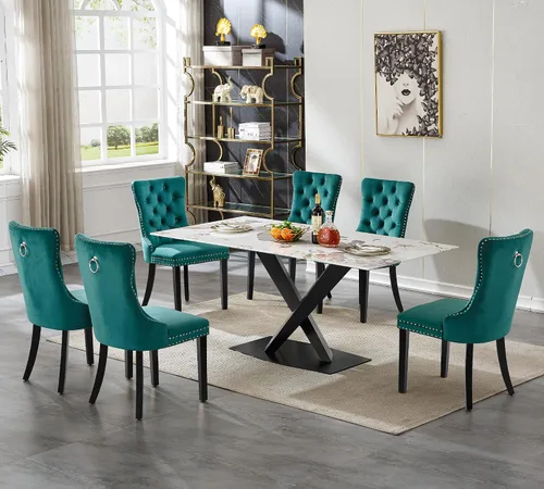 Juego de mesa de comedor de mármol blanco de lujo para 6, 70 pulgadas, mesa de comedor de mármol blanco con 6 sillas de terciopelo verde y base de
