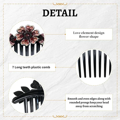 Miniatura 5 de inSowni Paquete de 6 peines laterales de plástico negro con purpurina brillante para el cabello, con diseño de hojas y flores, horquillas