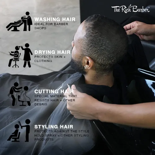 Miniatura 5 de The Rich Barber 360 Barber Cape Delantal de corte de pelo profesional ligero Vestido de corte de pelo de tela resistente al agua, Negro