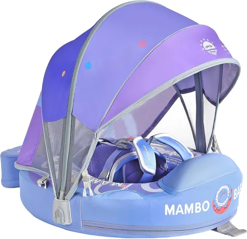 Miniatura 23 de Mambobaby Flotador con Toldo y Cola Nuevo Mejorado Flotador de Piscina No Inflable para Bebé Flotador de Natación Mambo Entrenador de Natación azul