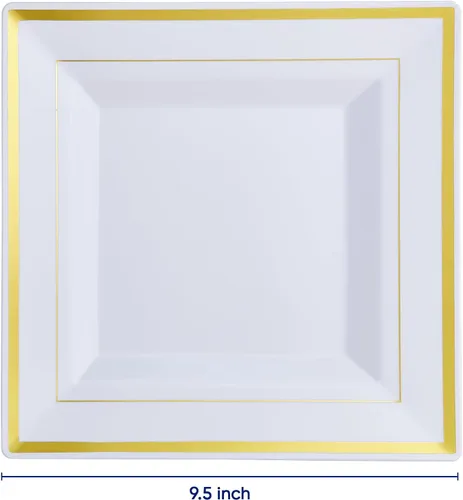 Miniatura 4 de JOLLY CHEF Paquete de 60 platos llanos de plástico, platos cuadrados de plástico dorado con elegante borde dorado de 9.5 pulgadas, desechables