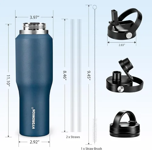 Miniatura 4 de Botellas de agua HYDROWION con popote, botella de agua aislada de 40 onzas que cabe en el portavasos del automóvil, botellas de agua negras con tapa