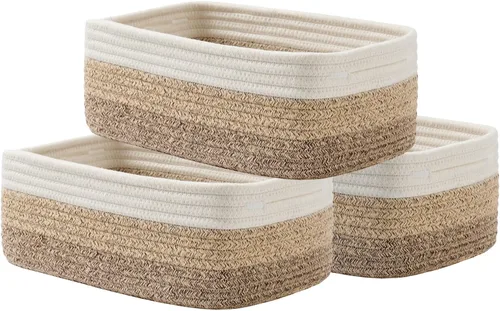Cesta tejida pequeña, 12 x 8 x 4.5 pulgadas, cesta de almacenamiento para organizar, bonita canasta de cuerda pequeña para estante de armario, cubos