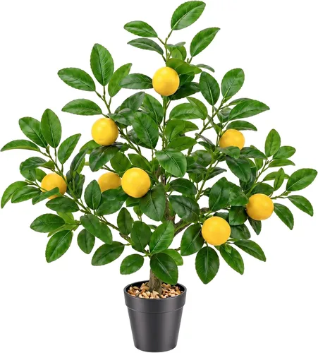 Gresorth Árbol de limón artificial amarillo de 20 pulgadas, decoración de frutas verdes con maceta de plástico, hojas realistas para el hogar, mesa,