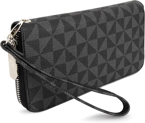 Miniatura 23 de Veki Billetera para mujer con doble cremallera y correa para la muñeca, monedero de cuero para tarjetas de crédito para mujeres y hombres, Negro A