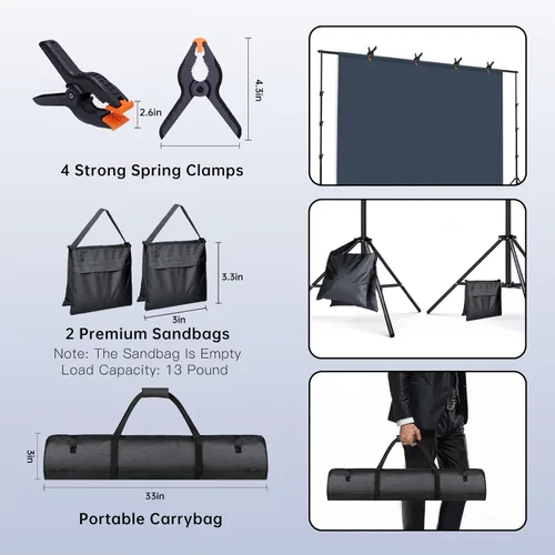 Miniatura 5 de BEIYANG Soporte para telón de fondo, 7.5 pies x 10 pies, kit de sistema de soporte de fondo de fotografía ajustable con bolsa de transporte