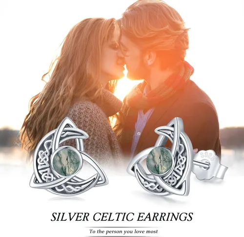 Miniatura 6 de Aretes de tuerca de luna celta de plata de ley 925 con nudo celta, triángulo, vintage, de buena suerte, regalos irlandeses para mujer