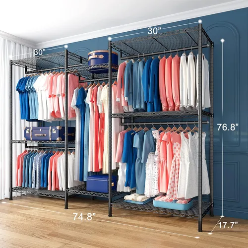 Miniatura 6 de Raybee Perchero de ropa para colgar ropa, capacidad de 900 libras, armario portátil resistente con 5 barras de suspensión y 8 estantes