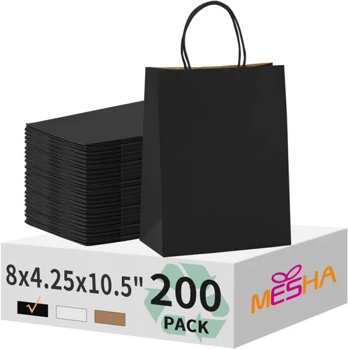 Miniatura 28 de MESHA Bolsas de regalo negras de 5.25 x 3.75 x 8 pulgadas, pequeñas bolsas de papel kraft con asas a granel, paquete de 100 para pequeñas empresas