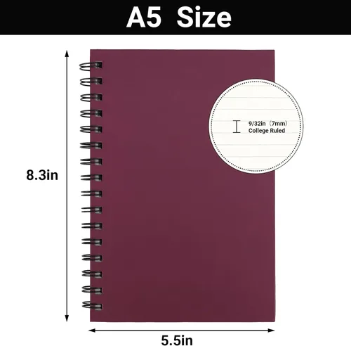 Miniatura 2 de EUSOAR Cuaderno en espiral, paquete de 3 cuadernos A5 de 5.5" x 8.3", con rayas para la universidad, 160 páginas/ 80 hojas, con tapa dura gruesa