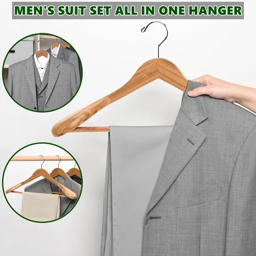 Miniatura 6 de Amber Home Paquete de 6 Perchas de Traje de Madera de Bambú Natural de Hombros Anchos, Perchas de Ropa de Bambú con Barra para Pantalones, Perchas