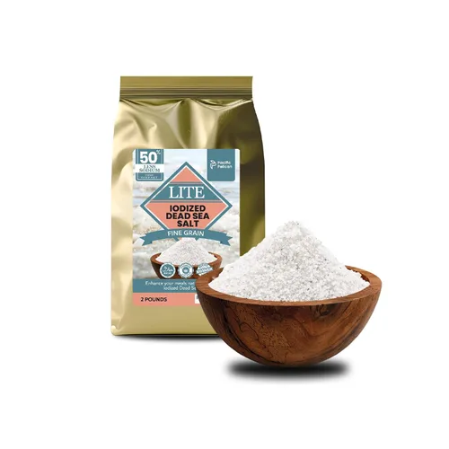 Pacific Pelican Sal yodada del Mar Muerto Lite - Grano fino | Kosher sin refinar, natural yodada, sal baja en sodio para cocinar, condimentar y