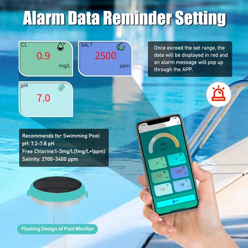 Miniatura 5 de Probador digital de agua para piscina, medidor flotante inteligente 7 en 1, habilitado para WiFi, prueba de pH, cloro, salinidad, ORP, EC, TDS