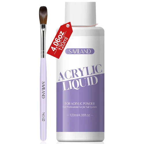 SAVILAND Líquido Monómero Acrílico para Uñas: Monómero Líquido Acrílico de 4 oz con Pincel para Uñas Acrílicas #12 para Aplicación de Polvo
