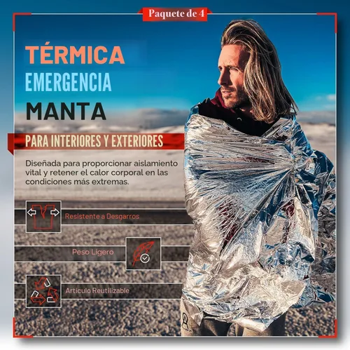 Miniatura 2 de Paquete de 4 mantas de emergencia de Mylar espaciales, equipo de supervivencia y suministros reutilizables térmicos para campamento, caza, primeros