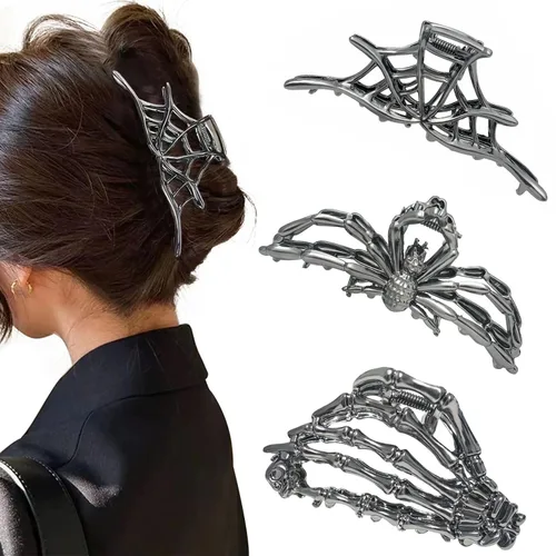 Miniatura 12 de Parcce 3 pinzas góticas para el cabello para mujer, pinzas de mano de esqueleto de murciélago negro metálico, accesorios de cabello de Halloween