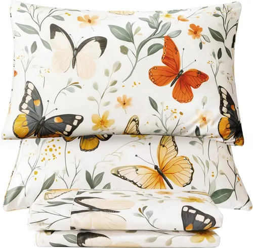 Miniatura 21 de QSH Juego de sábanas tamaño King con estampado floral - Estampado botánico de flores verdes, pájaros y mariposas, ropa de cama de algodón egipcio