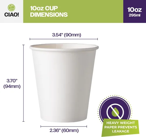 Miniatura 4 de CIAO! Vaso de papel para bebidas calientes de 10 onzas, blanco, desechable, diámetro de 90 mm, 1.000