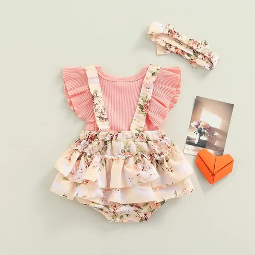 Miniatura 7 de Socutebabe Traje de bebé niña con estampado floral, vestido para recién nacido, con volantes, lindo traje de verano y diadema